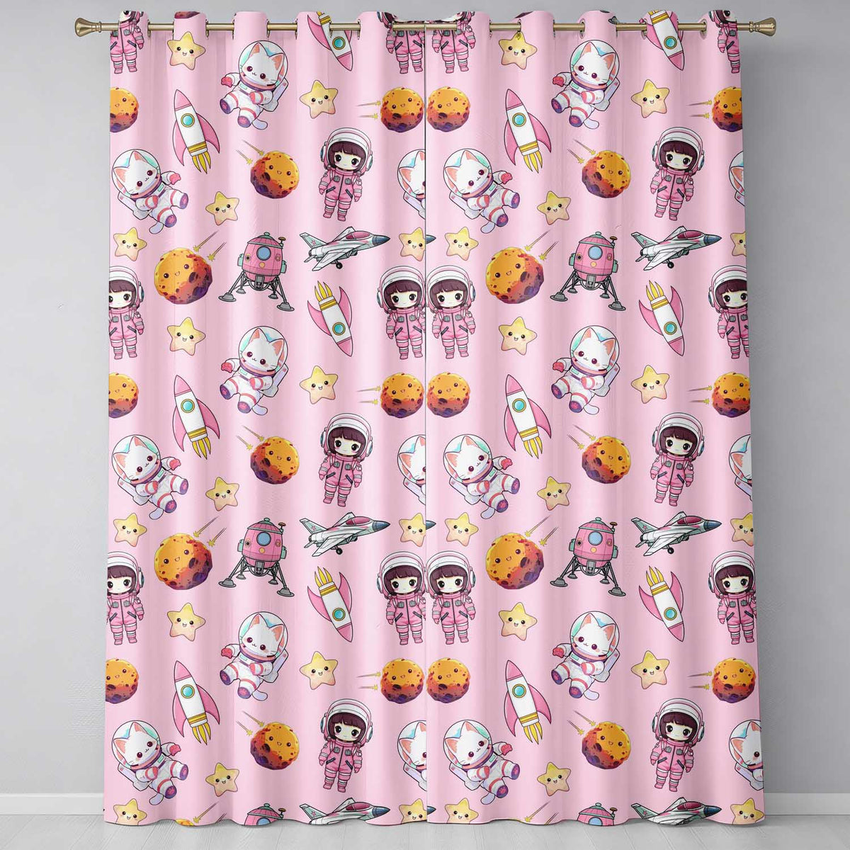 Cat Astronaut Girl Rockets Stars Space Seamless Light Pink Background Readymade Eyelet Ring Top Thermal 100% Blackout Curtains