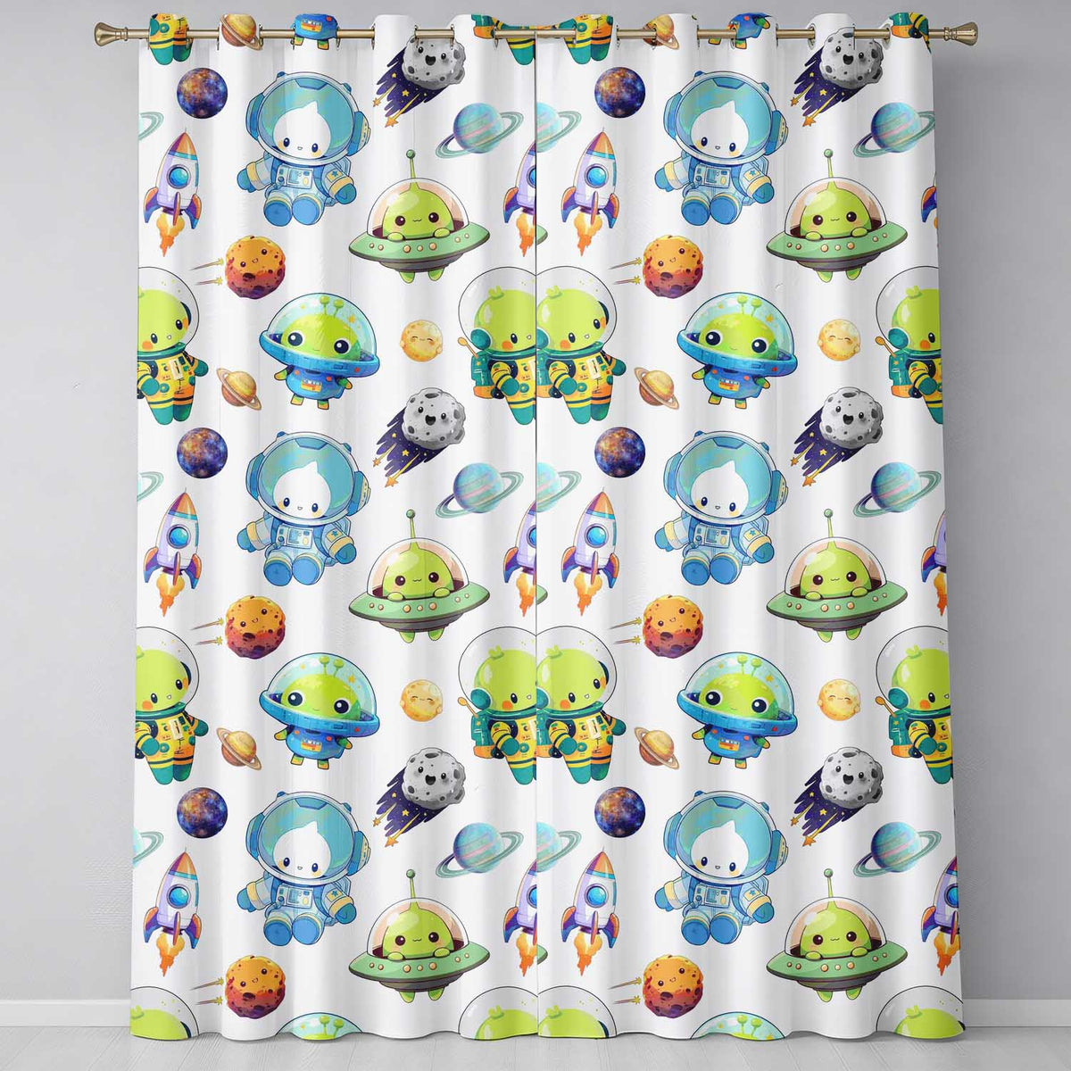Space Alien Astronaut Planets Meteors UFO Seamless White Background Readymade Eyelet Ring Top Thermal 100% Blackout Curtains