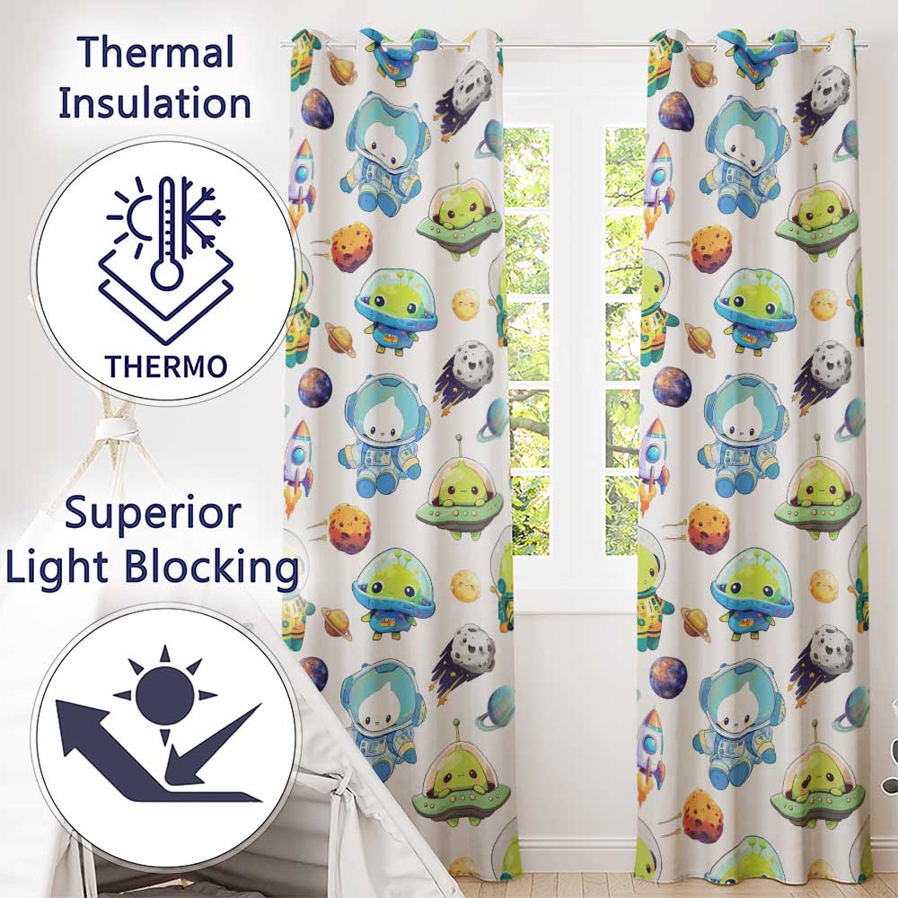 Space Alien Astronaut Planets Meteors UFO Seamless White Background Readymade Eyelet Ring Top Thermal 100% Blackout Curtains