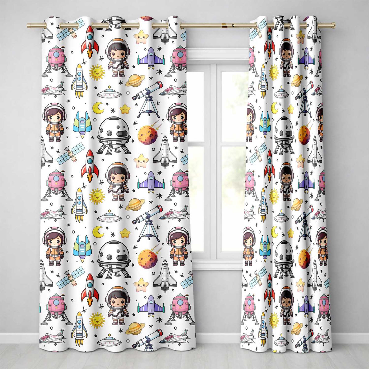 Astronaut Rockets Satellites UFO Space Seamless Light Background Readymade Eyelet Ring Top Thermal 100% Blackout Curtains