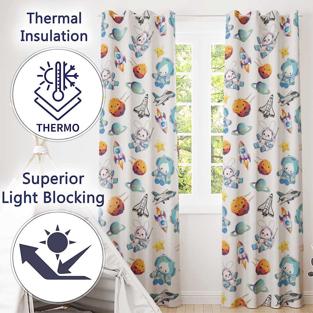 Space Dog Bear Astronaut Rockets Planets Seamless White Background Readymade Eyelet Ring Top Thermal 100% Blackout Curtains