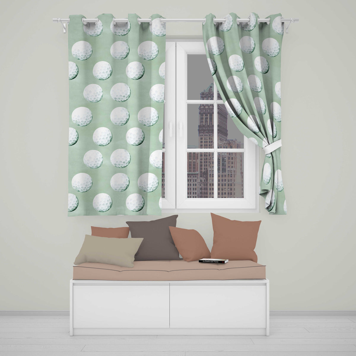 Watercolor Golf Balls on Soft Green Background Seamless Pattern Readymade Eyelet Ring Top Thermal 100% Blackout Curtains