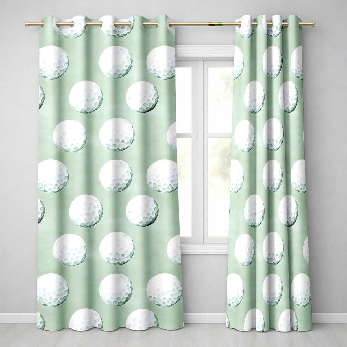 Watercolor Golf Balls on Soft Green Background Seamless Pattern Readymade Eyelet Ring Top Thermal 100% Blackout Curtains