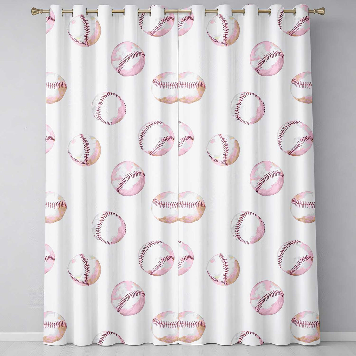 Watercolor Baseball Balls on Soft Beige Background Seamless Pattern Readymade Eyelet Ring Top Thermal 100% Blackout Curtains