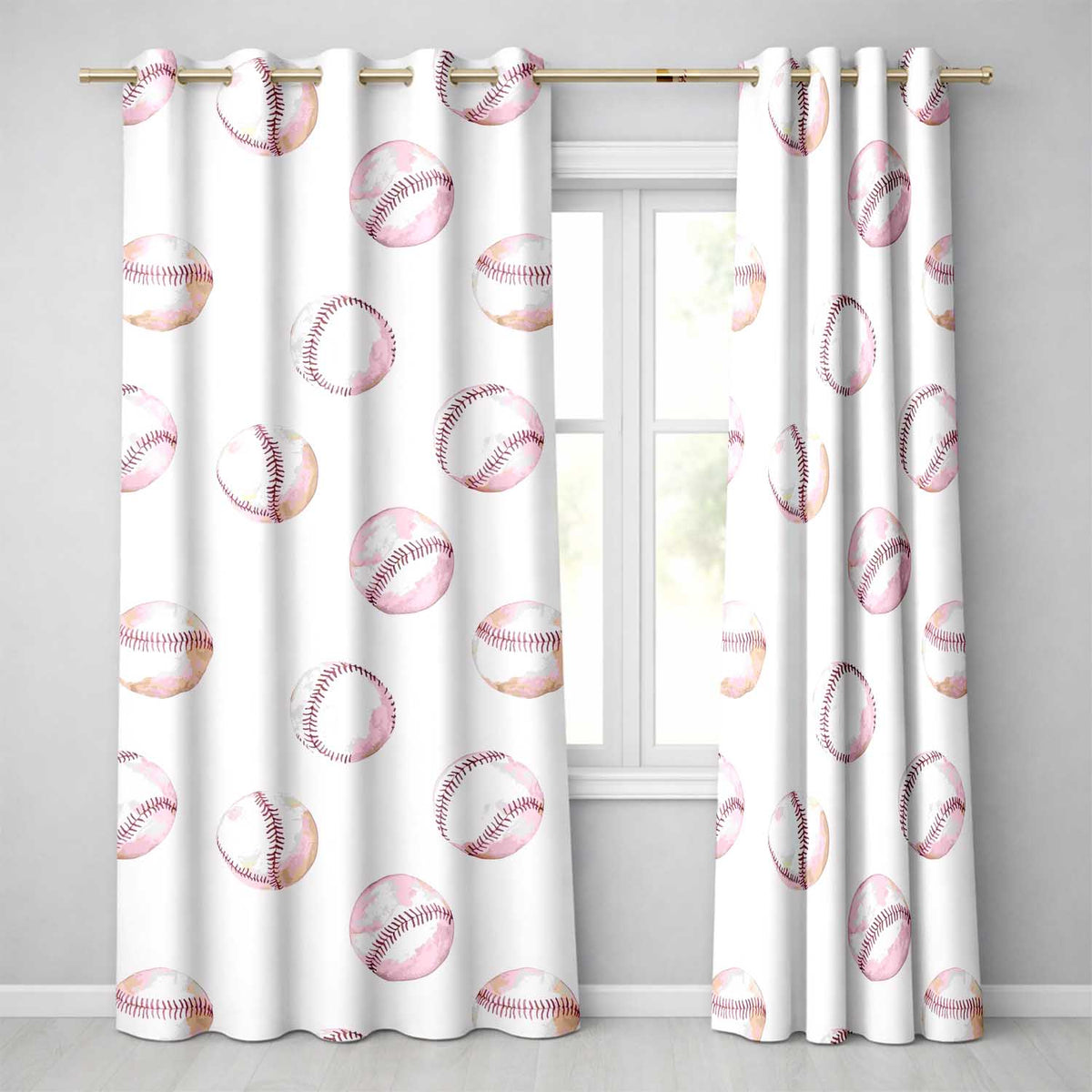 Watercolor Baseball Balls on Soft Beige Background Seamless Pattern Readymade Eyelet Ring Top Thermal 100% Blackout Curtains