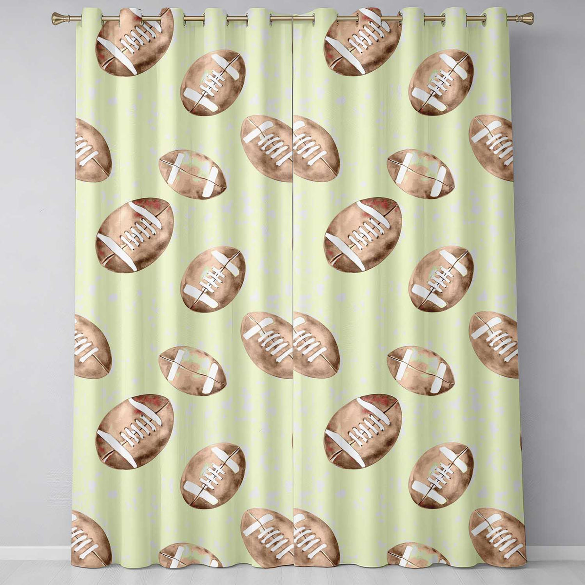Watercolor American Football Balls on Soft Green Background Seamless Pattern Readymade Eyelet Ring Top Thermal 100% Blackout Curtains