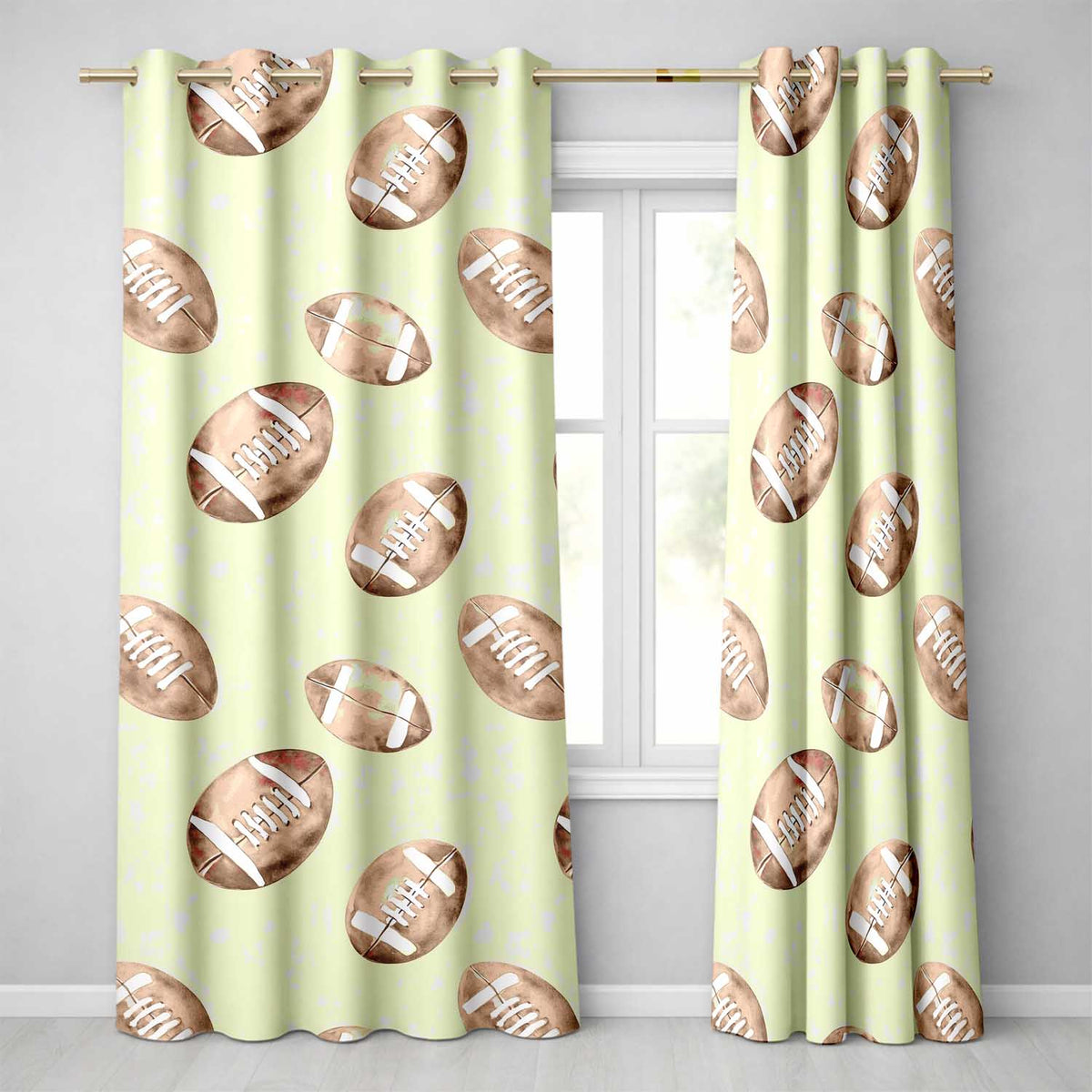 Watercolor American Football Balls on Soft Green Background Seamless Pattern Readymade Eyelet Ring Top Thermal 100% Blackout Curtains