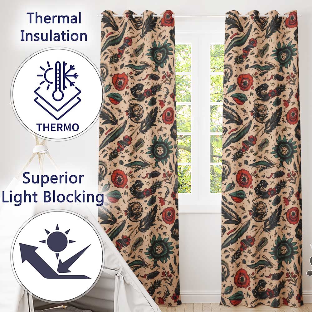 Tattoo Style Skulls Flowers Knives Seamless Pattern Readymade Eyelet Ring Top Thermal 100% Blackout Curtains