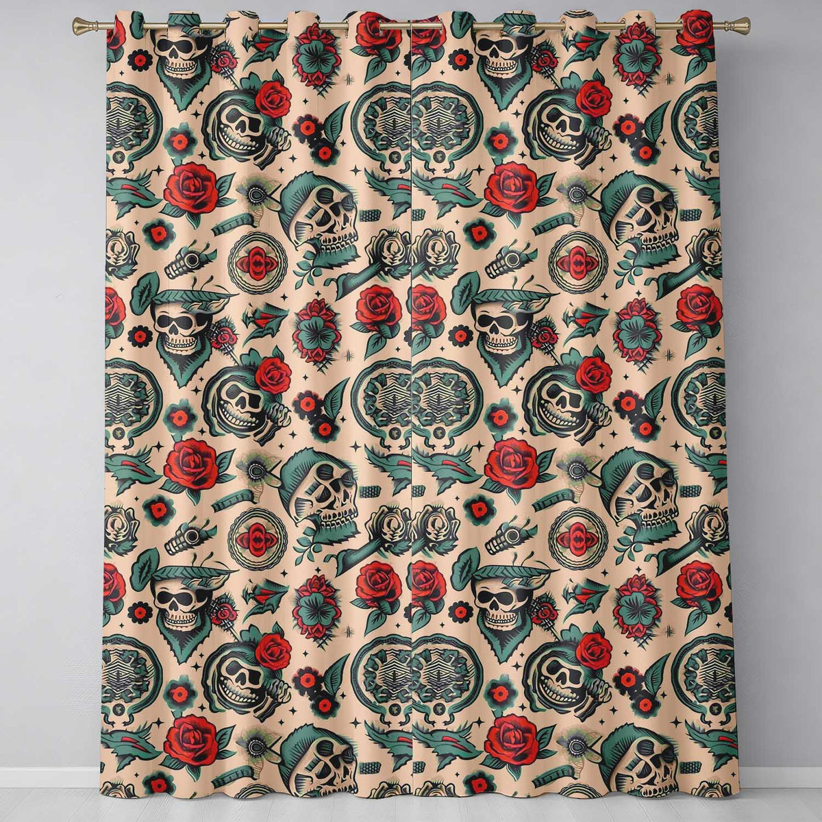Bold Skull Roses Tattoo Art Seamless Pattern Readymade Eyelet Ring Top Thermal 100% Blackout Curtains