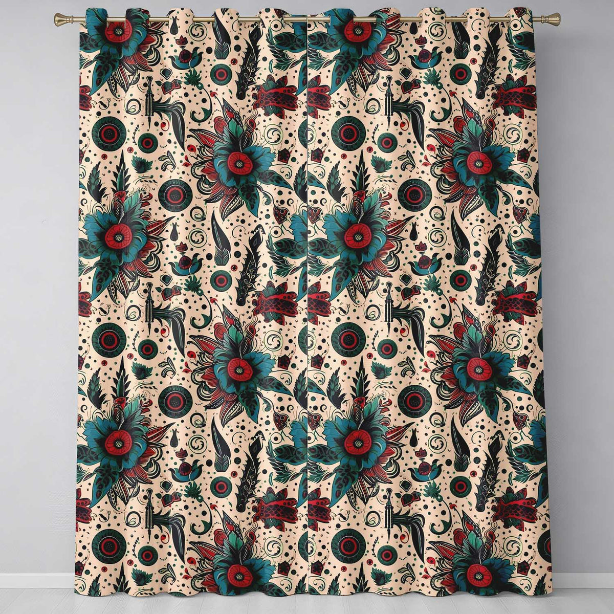 Abstract Floral Folk Art Tattoo Seamless Pattern Readymade Eyelet Ring Top Thermal 100% Blackout Curtains