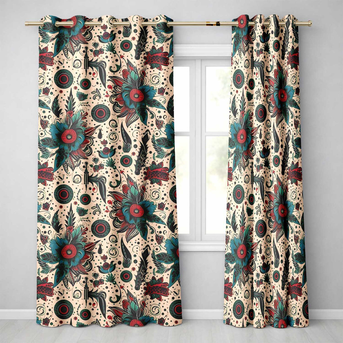 Abstract Floral Folk Art Tattoo Seamless Pattern Readymade Eyelet Ring Top Thermal 100% Blackout Curtains