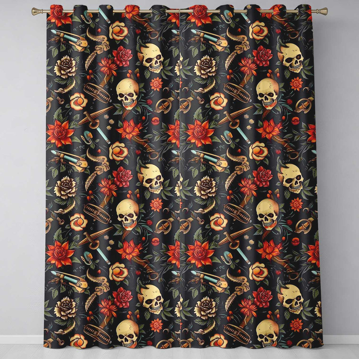 Dark Skull Floral Dagger Tattoo Seamless Pattern Readymade Eyelet Ring Top Thermal 100% Blackout Curtains