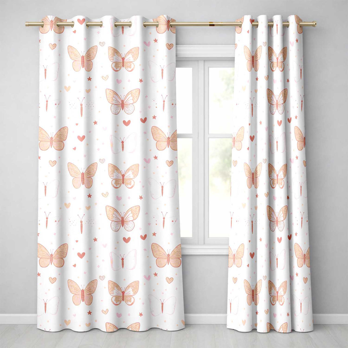 Cute Pastel Butterfly Hearts Soft Pastel Seamless Pattern Readymade Eyelet Ring Top Thermal 100% Blackout Curtains