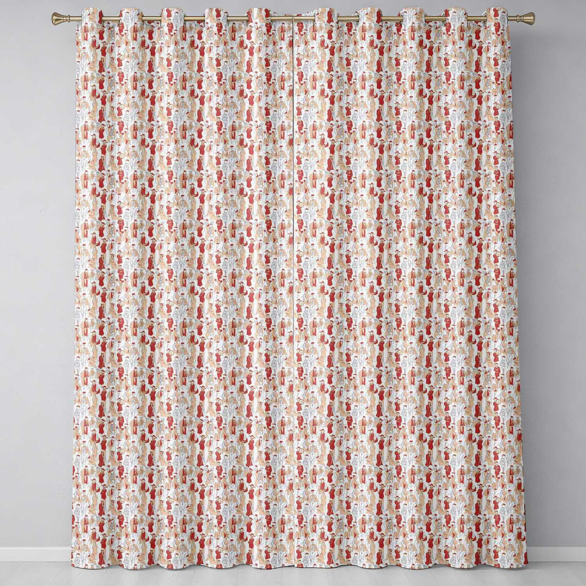 Vintage Fashion Ladies Red Beige Seamless Pattern Readymade Eyelet Ring Top Thermal 100% Blackout Curtains