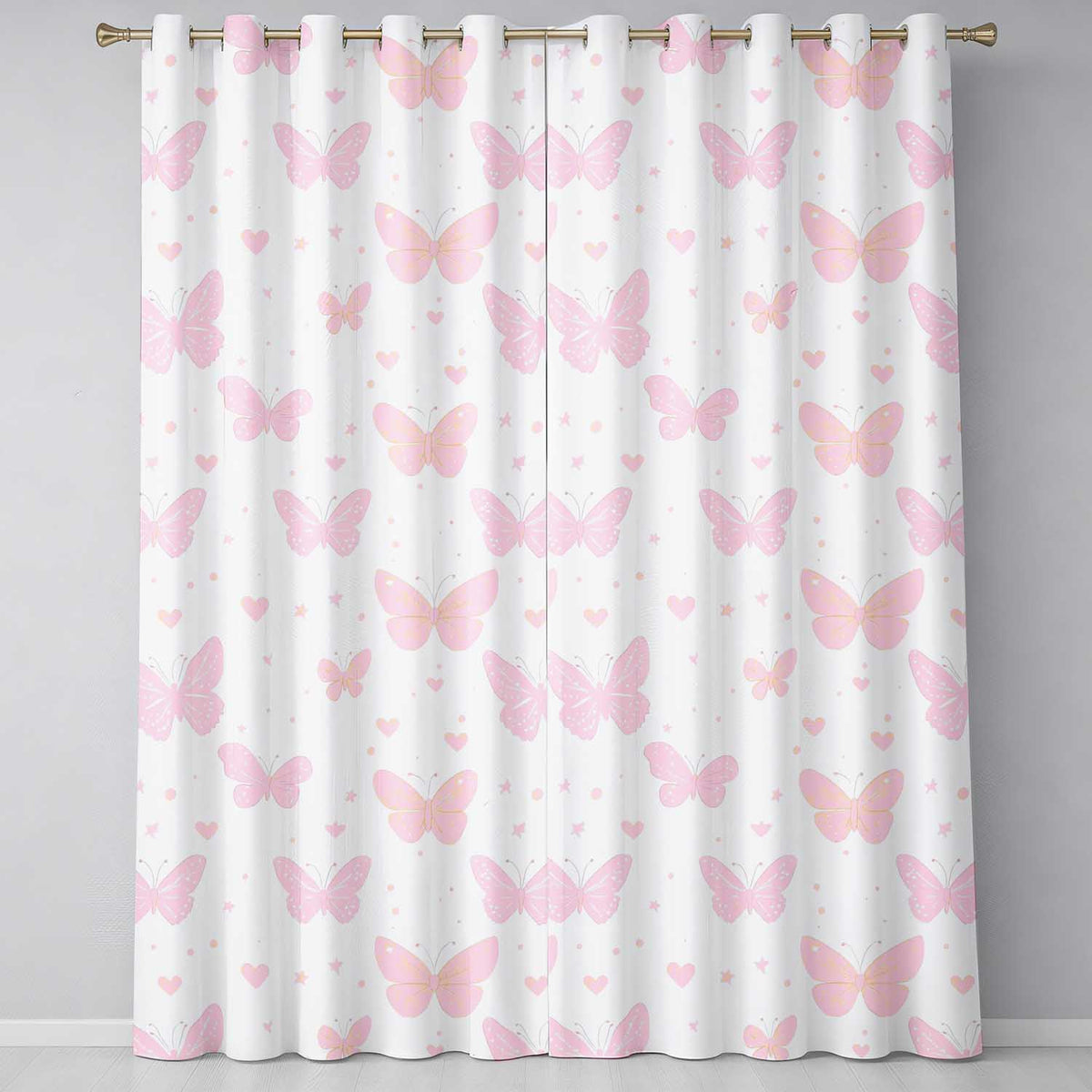 Soft Pink Butterflies Hearts Seamless Pattern Readymade Eyelet Ring Top Thermal 100% Blackout Curtains