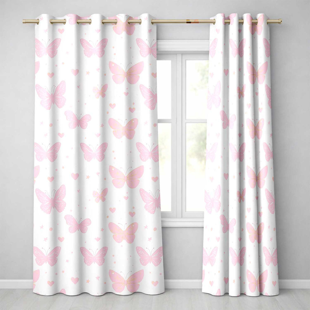 Soft Pink Butterflies Hearts Seamless Pattern Readymade Eyelet Ring Top Thermal 100% Blackout Curtains