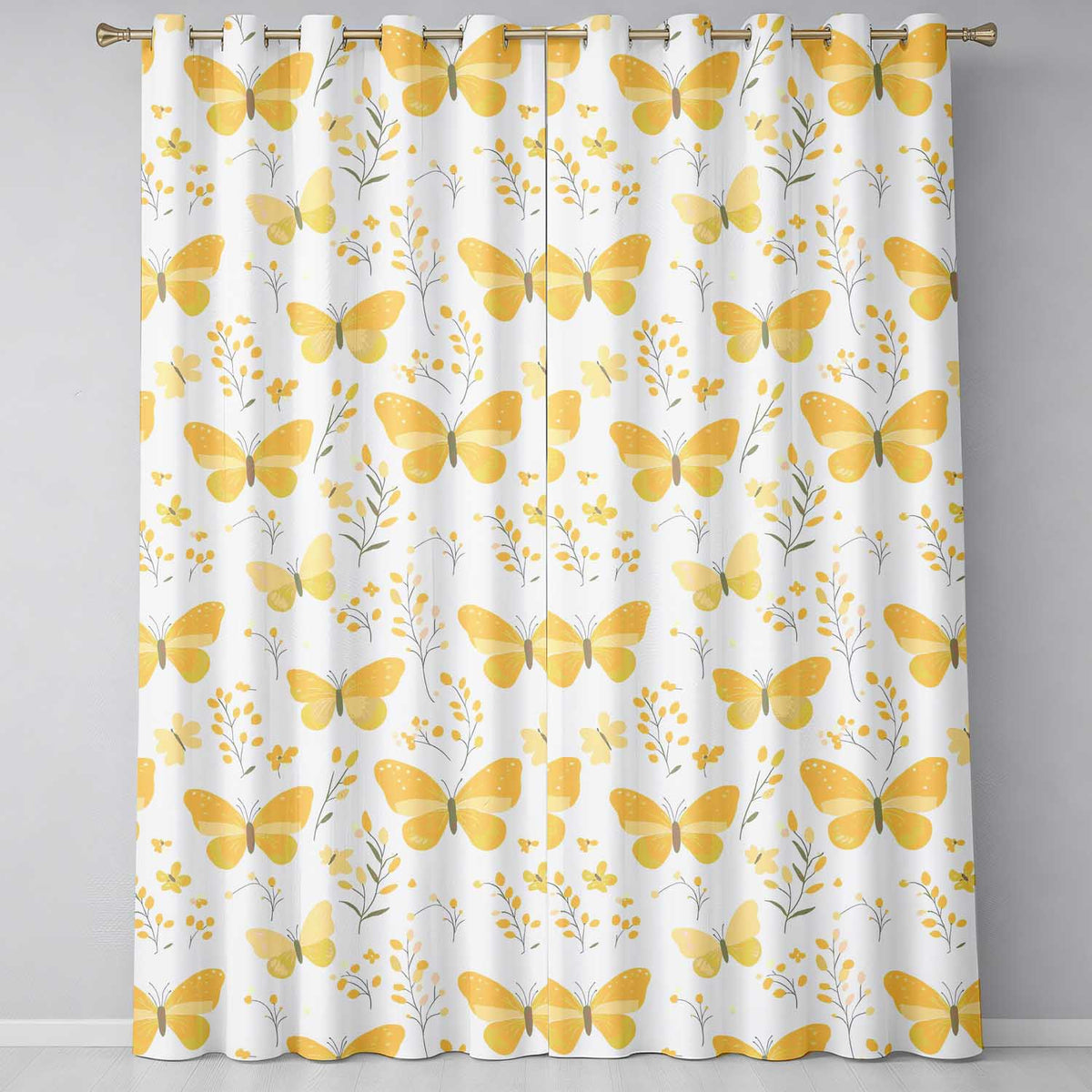 Yellow Butterflies Floral Spring Seamless Pattern Readymade Eyelet Ring Top Thermal 100% Blackout Curtains
