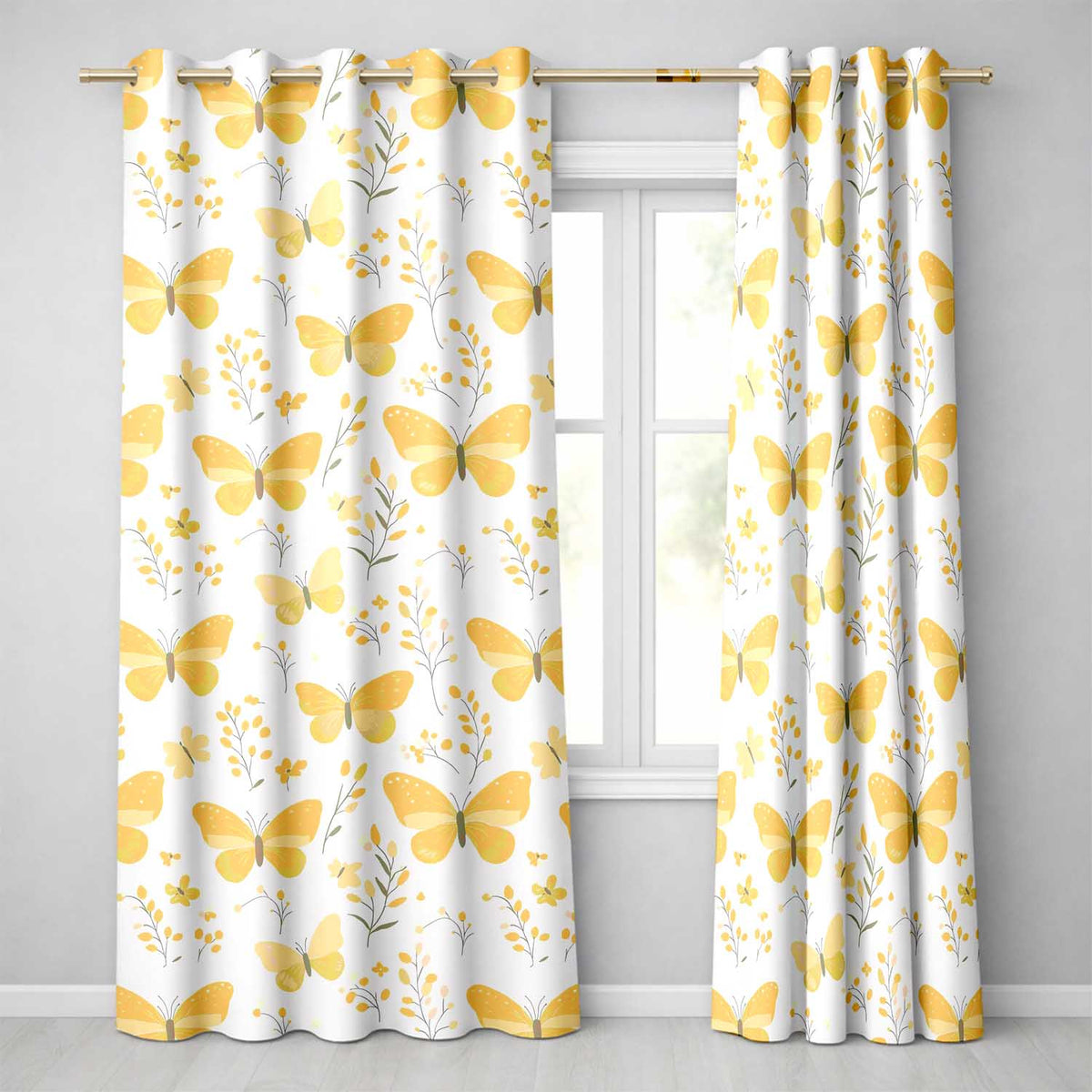 Yellow Butterflies Floral Spring Seamless Pattern Readymade Eyelet Ring Top Thermal 100% Blackout Curtains