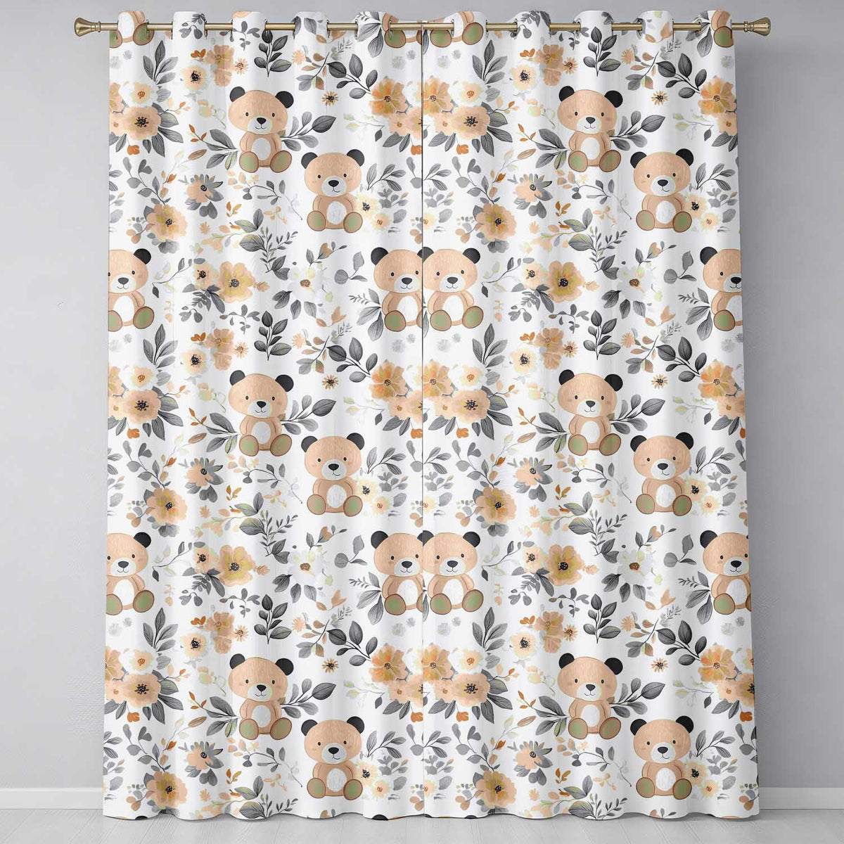 Cute Teddy Bear Floral Nursery Seamless Pattern Readymade Eyelet Ring Top Thermal 100% Blackout Curtains
