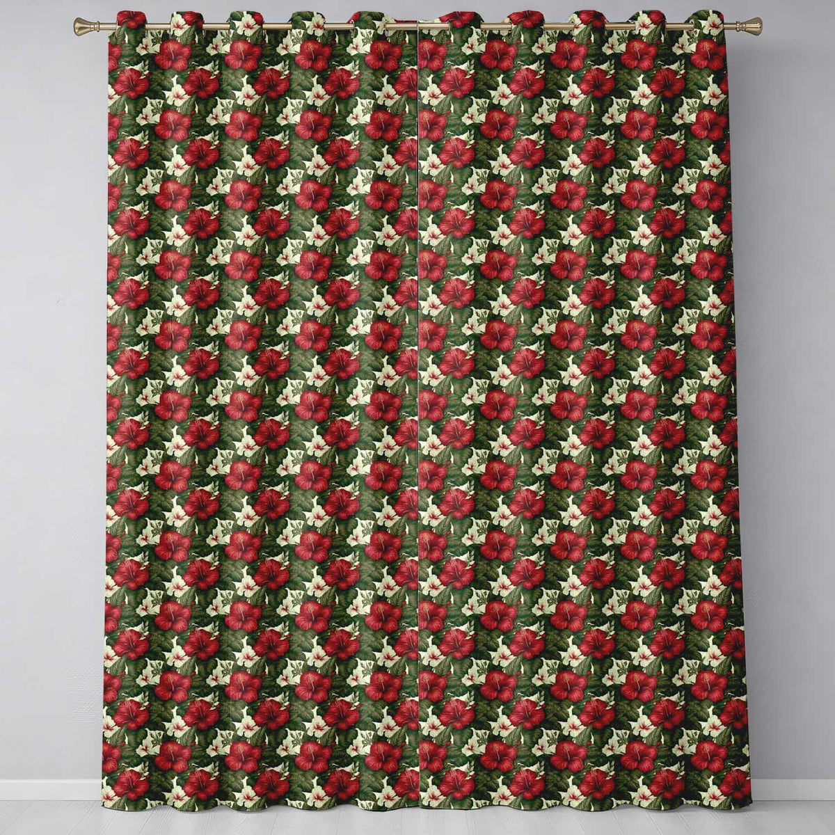 Tropical Hibiscus White Red Botanical Seamless Pattern Readymade Eyelet Ring Top Thermal 100% Blackout Curtains