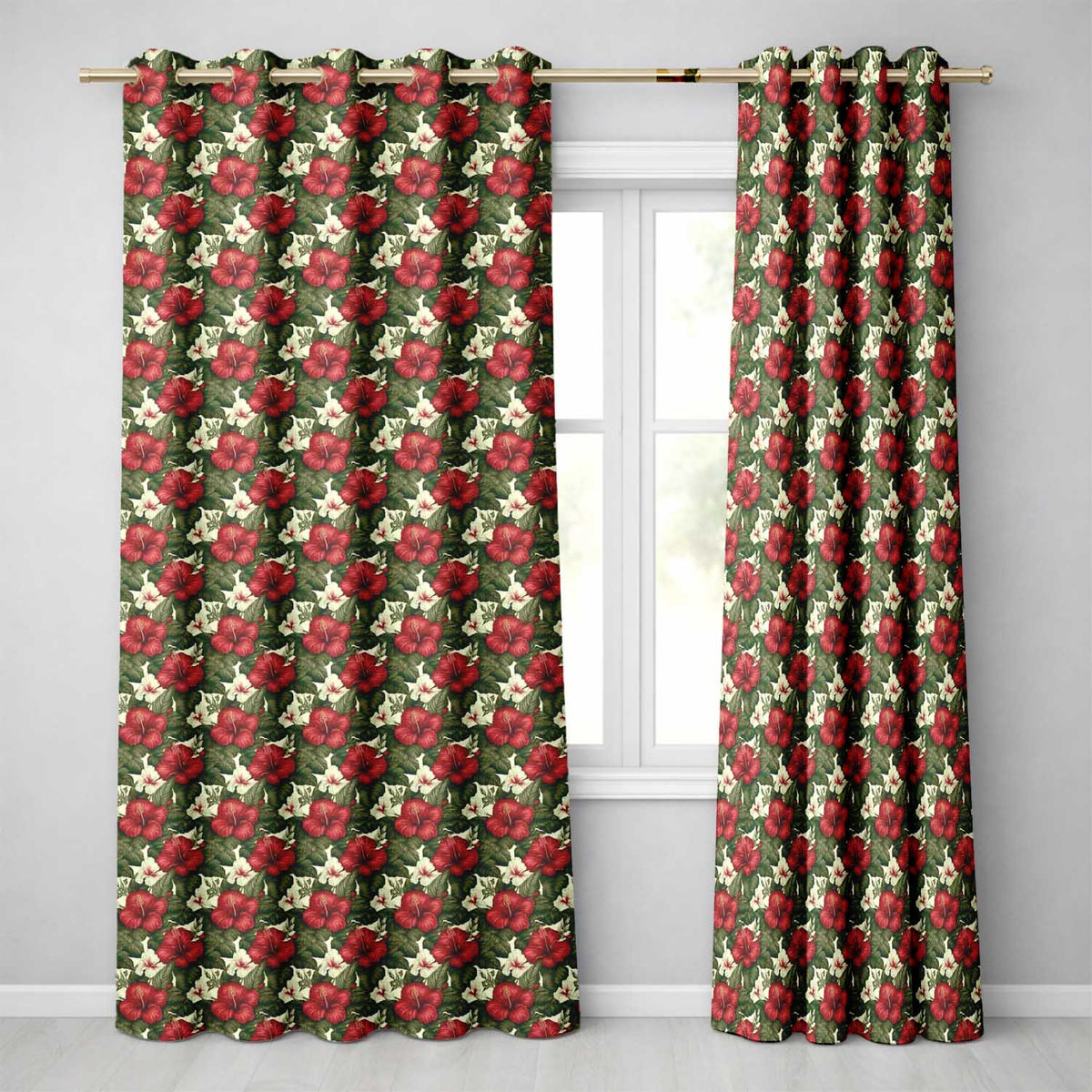 Tropical Hibiscus White Red Botanical Seamless Pattern Readymade Eyelet Ring Top Thermal 100% Blackout Curtains