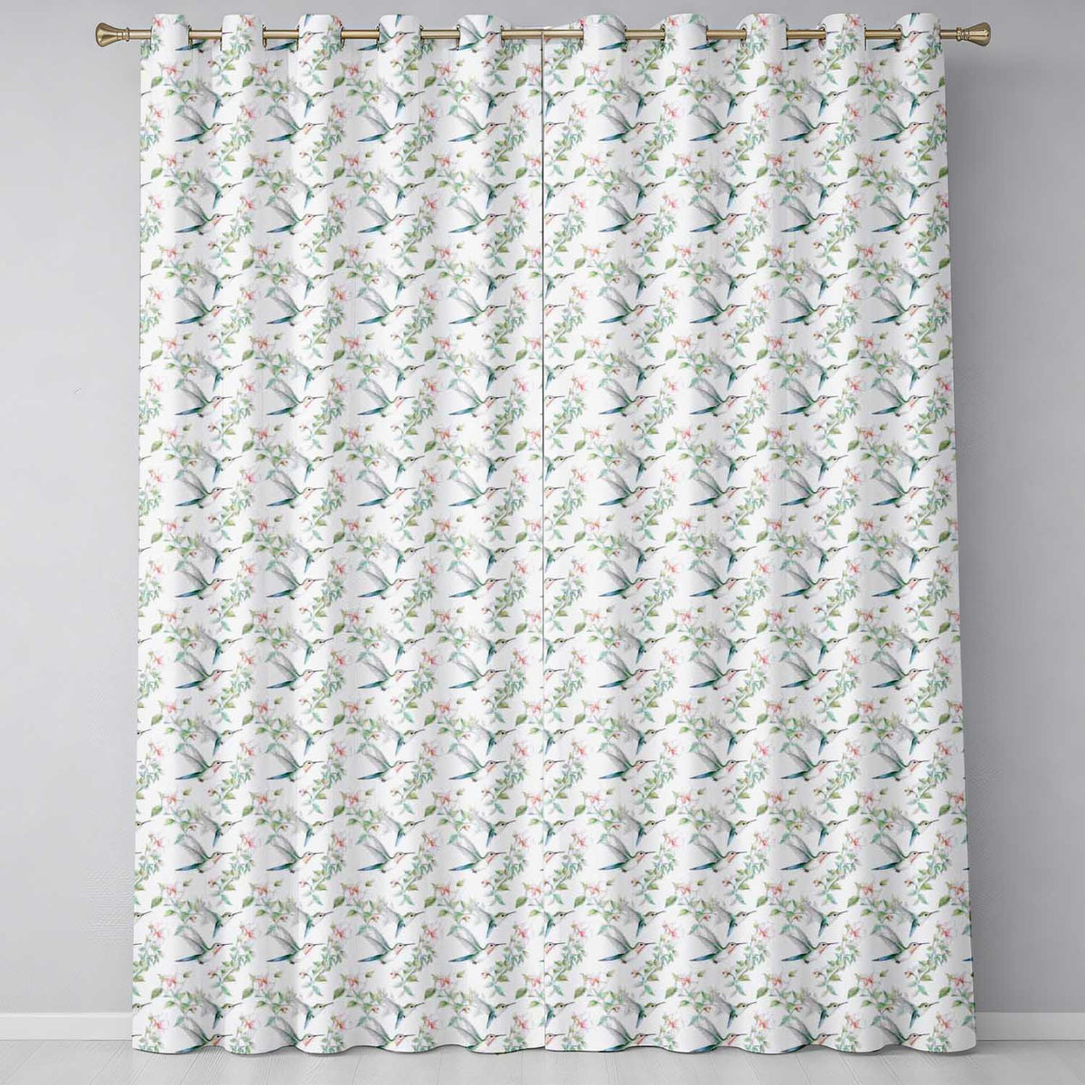 Delicate Hummingbird Floral Soft Blue Seamless Pattern Readymade Eyelet Ring Top Thermal 100% Blackout Curtains