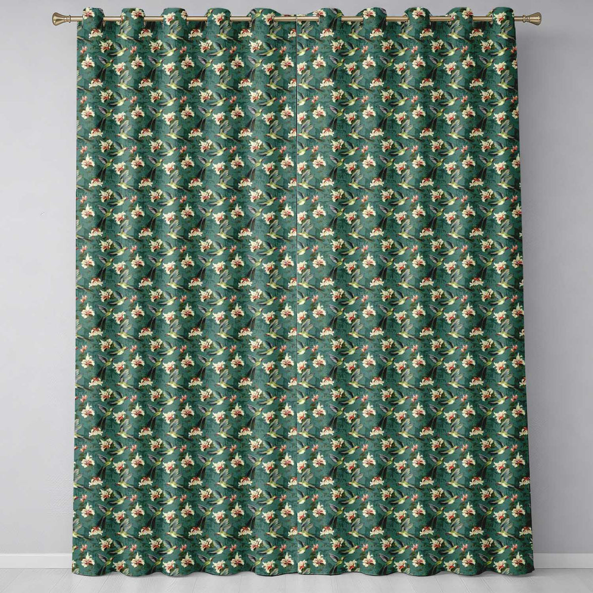 Vintage Hummingbird Lily Floral Dark Green Seamless Pattern Readymade Eyelet Ring Top Thermal 100% Blackout Curtains