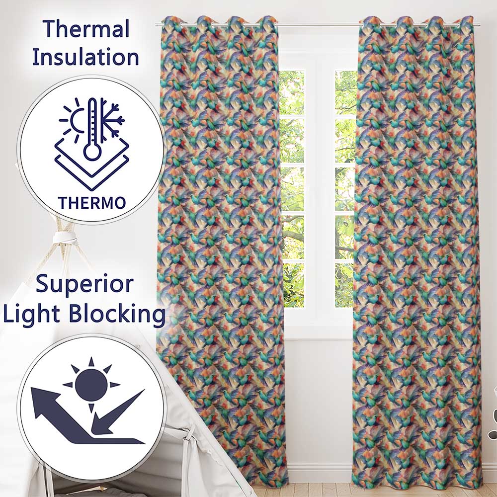 Colorful Hummingbird Abstract Watercolor Seamless Pattern Readymade Eyelet Ring Top Thermal 100% Blackout Curtains