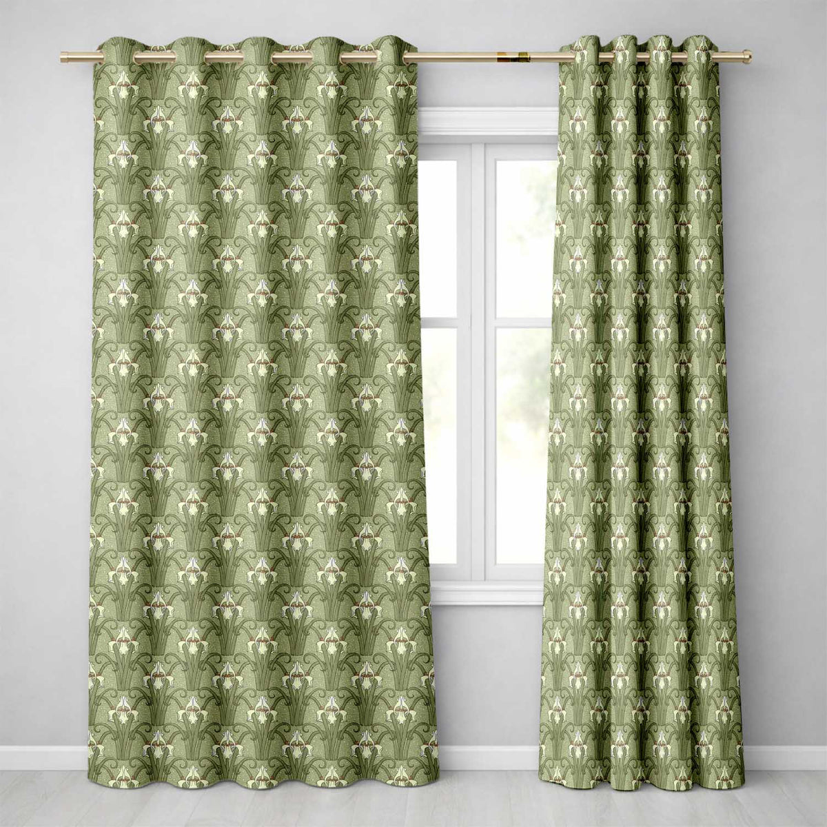 Vintage Lily Floral Green Art Nouveau Seamless Pattern Readymade Eyelet Ring Top Thermal 100% Blackout Curtains