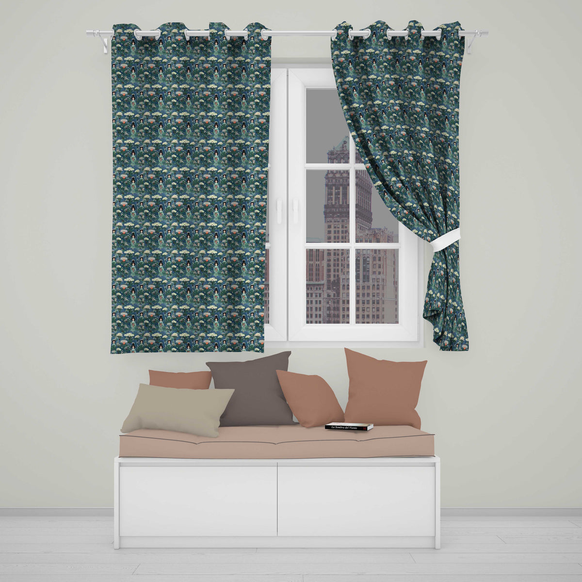Cute Kawaii Geisha Floral Garden Lantern Seamless Pattern Readymade Eyelet Ring Top Thermal 100% Blackout Curtains