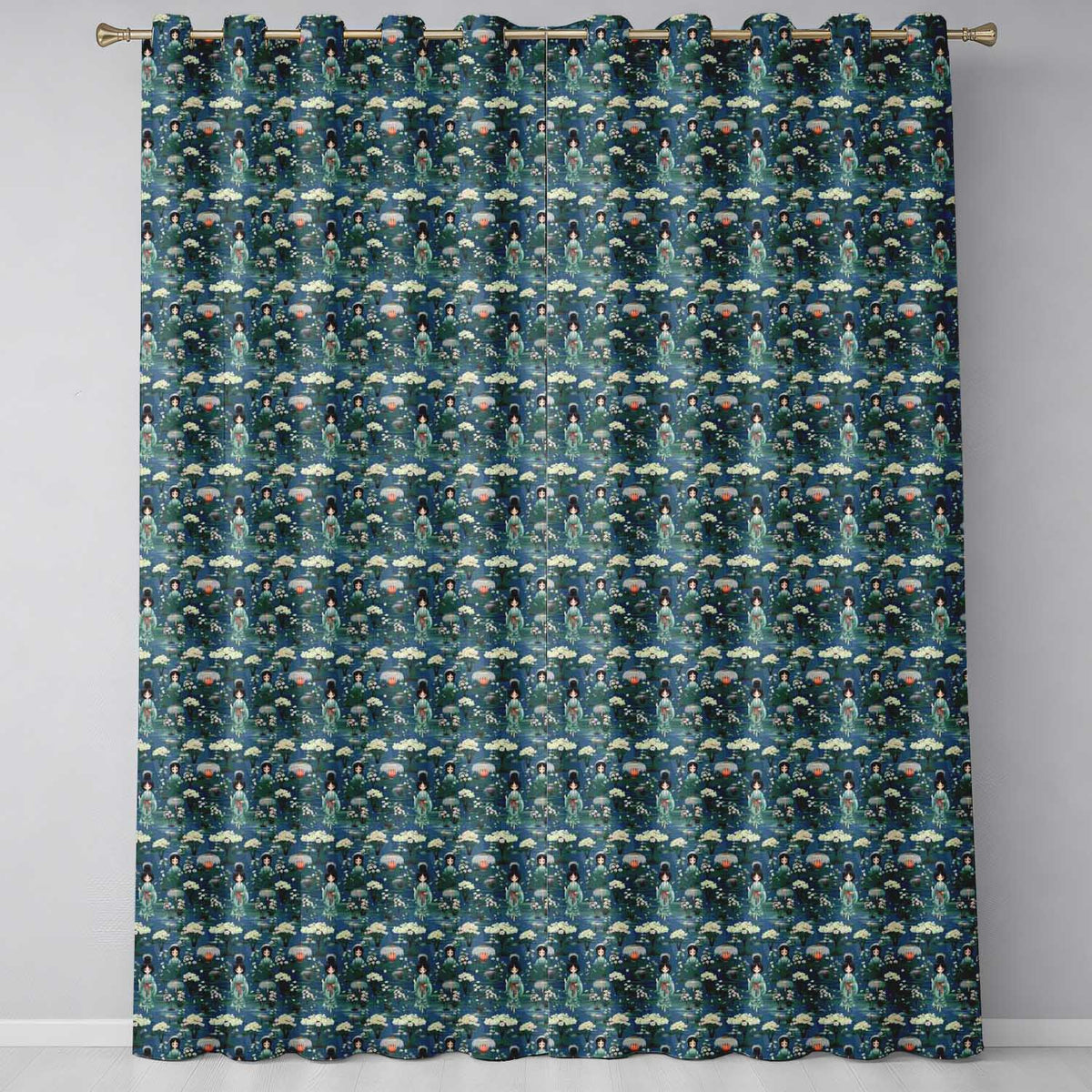 Cute Kawaii Geisha Floral Garden Lantern Seamless Pattern Readymade Eyelet Ring Top Thermal 100% Blackout Curtains