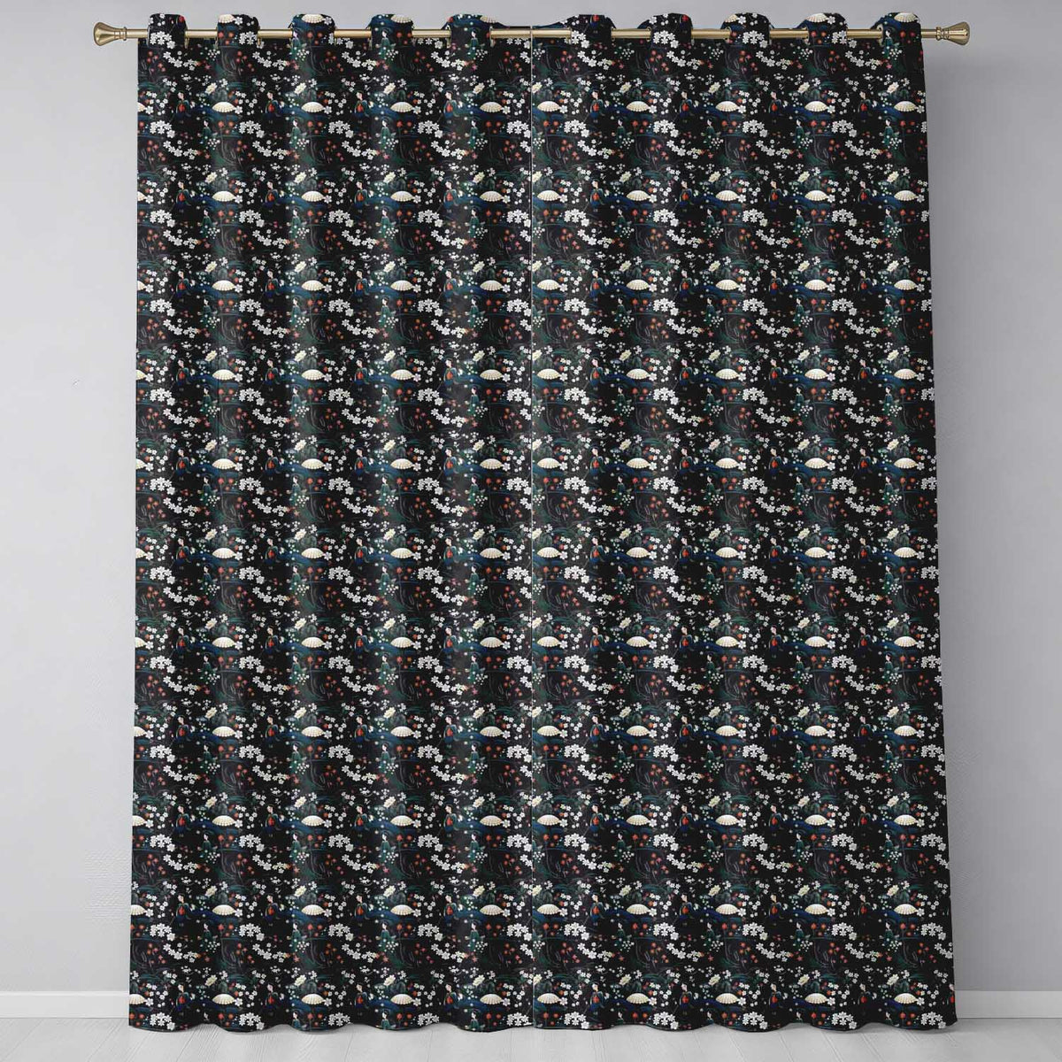 Elegant Japanese Women Floral Night Garden Seamless Pattern Readymade Eyelet Ring Top Thermal 100% Blackout Curtains