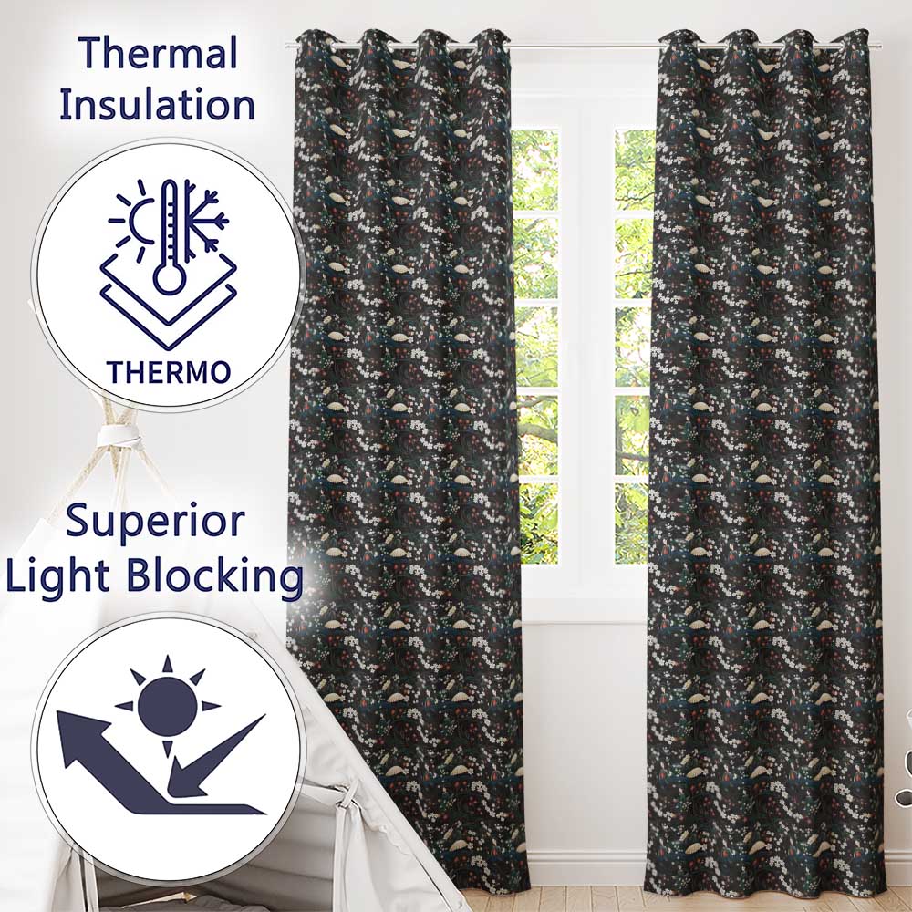 Elegant Japanese Women Floral Night Garden Seamless Pattern Readymade Eyelet Ring Top Thermal 100% Blackout Curtains