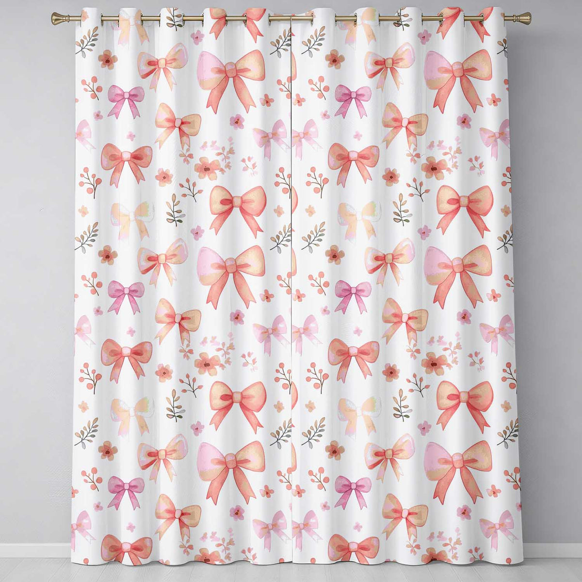 Watercolor Pink Bow Ribbon Cute Floral Seamless Pattern Readymade Eyelet Ring Top Thermal 100% Blackout Curtains