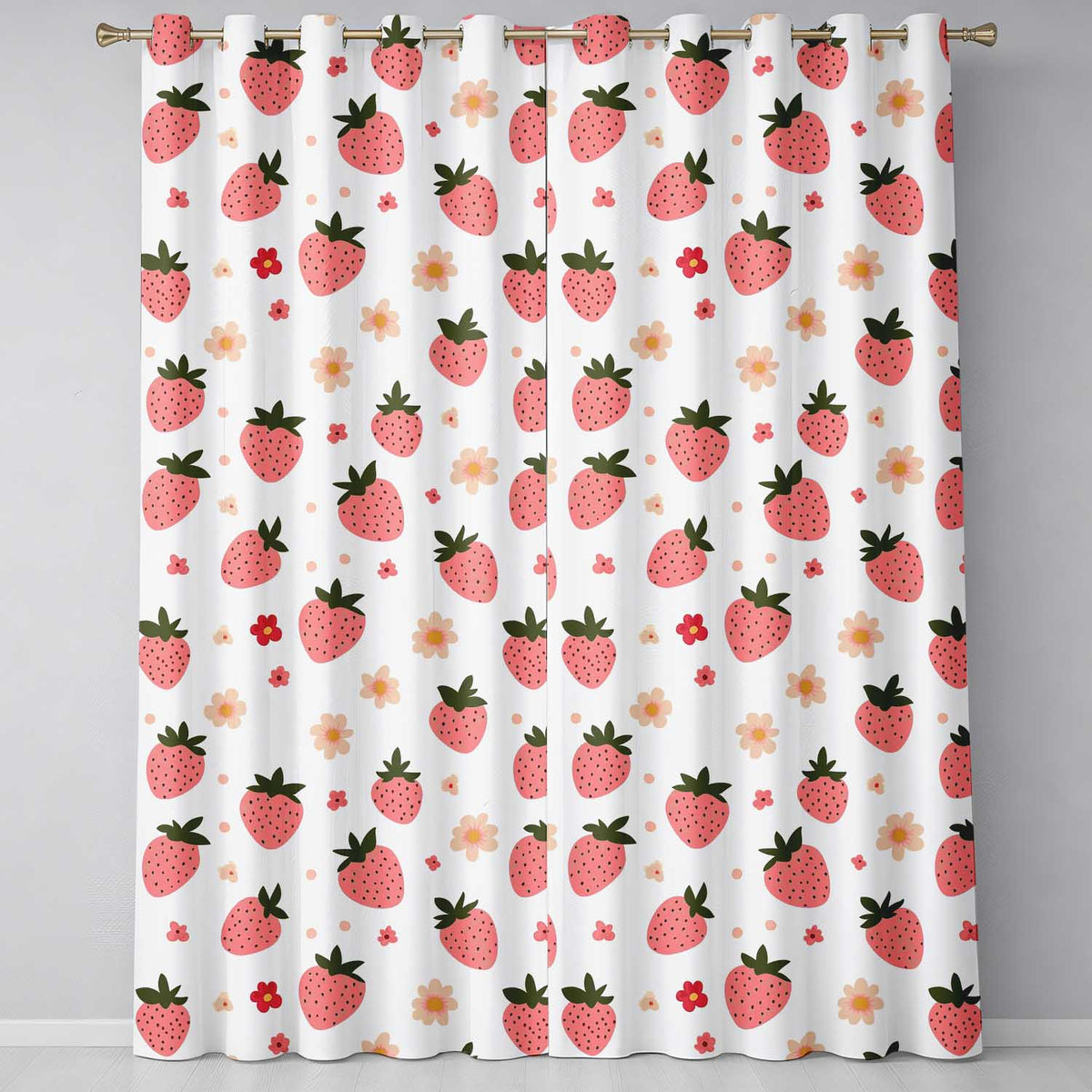 Cute Strawberry Daisy Floral Soft Seamless Pattern Readymade Eyelet Ring Top Thermal 100% Blackout Curtains