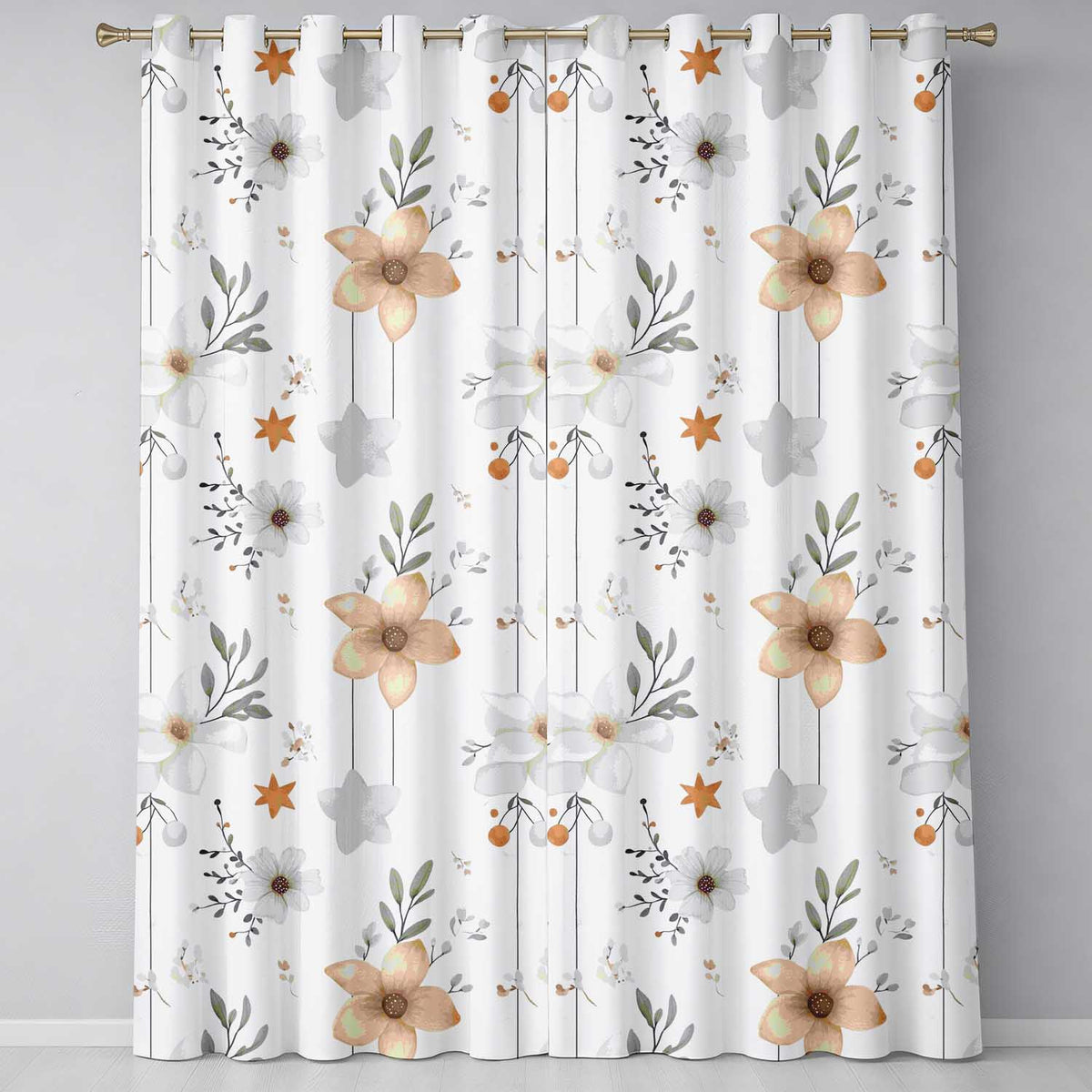 Neutral Floral Star Nursery Watercolor Seamless Pattern Readymade Eyelet Ring Top Thermal 100% Blackout Curtains