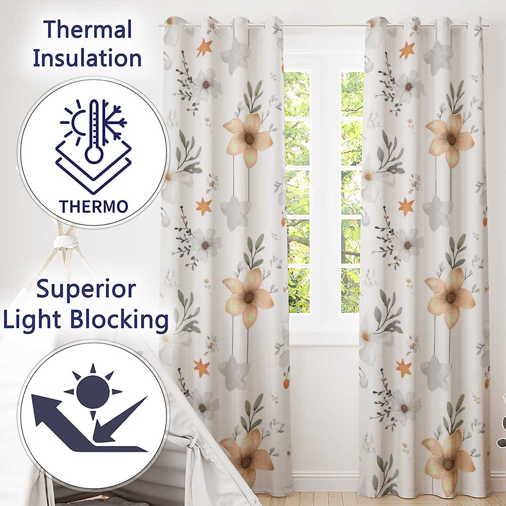 Neutral Floral Star Nursery Watercolor Seamless Pattern Readymade Eyelet Ring Top Thermal 100% Blackout Curtains