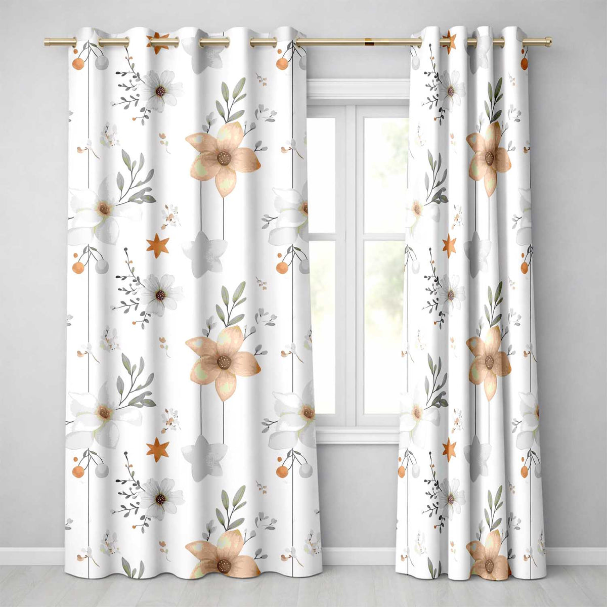 Neutral Floral Star Nursery Watercolor Seamless Pattern Readymade Eyelet Ring Top Thermal 100% Blackout Curtains