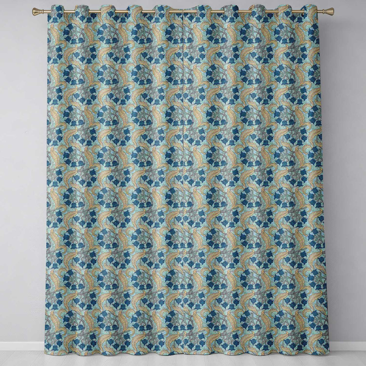 William Morris Style Blue Floral Seamless Pattern Readymade Eyelet Ring Top Thermal 100% Blackout Curtains