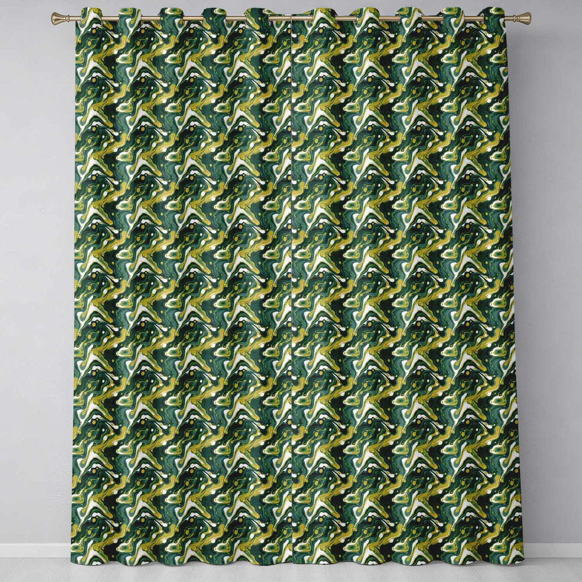 Deep Green Gold Liquid Marble Seamless Pattern Readymade Eyelet Ring Top Thermal 100% Blackout Curtains