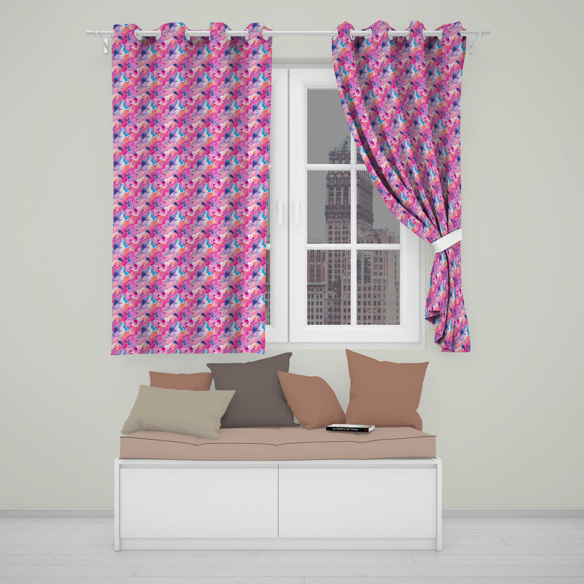 Vibrant Pink Blue Abstract Fluid Marble Seamless Pattern Readymade Eyelet Ring Top Thermal 100% Blackout Curtains