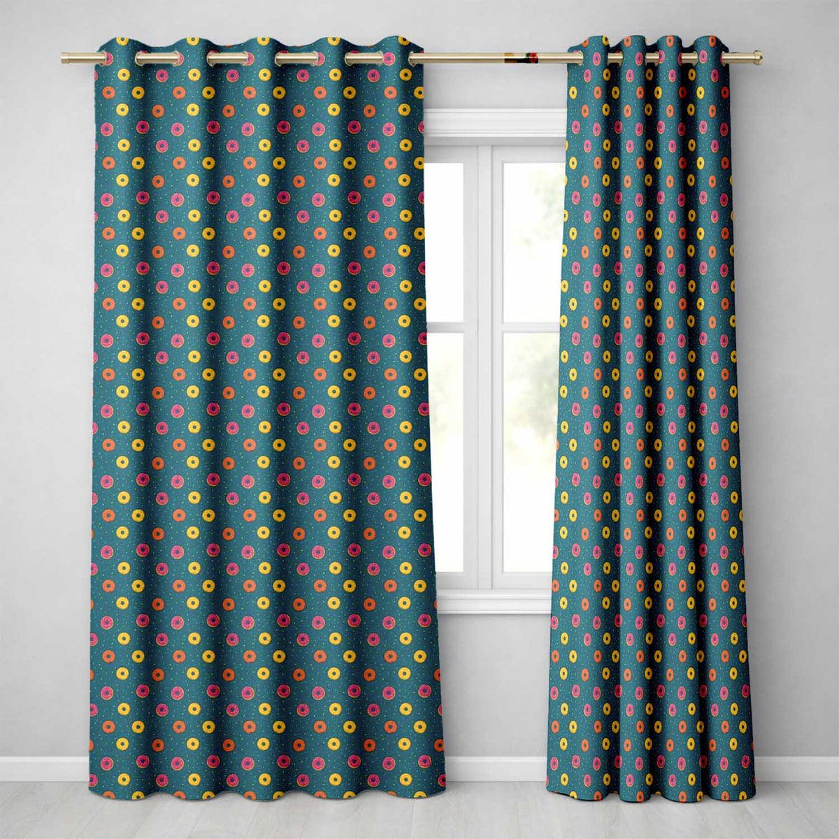 Fun Sprinkle Donut Pattern on Teal Background Seamless Pattern Readymade Eyelet Ring Top Thermal 100% Blackout Curtains