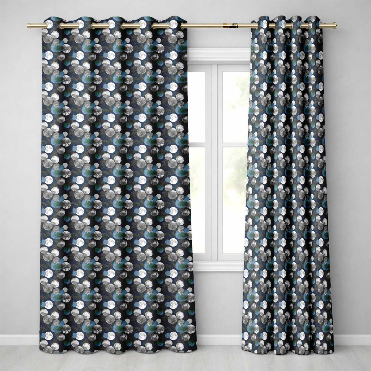 Moonlit Forest Trees and Abstract Circles on Dark Blue Seamless Pattern Readymade Eyelet Ring Top Thermal 100% Blackout Curtains