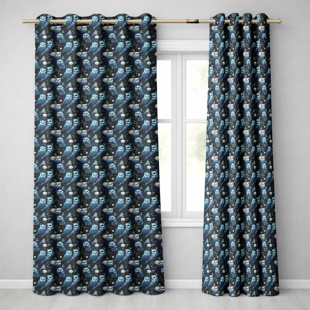 Majestic Blue Owl Birds with Floral Night Background Seamless Pattern Readymade Eyelet Ring Top Thermal 100% Blackout Curtains