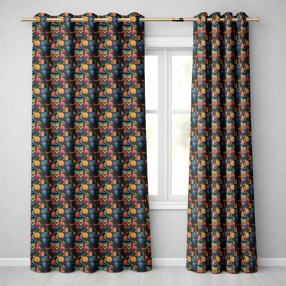Vibrant Owl Birds with Floral Garden Night Background Seamless Pattern Readymade Eyelet Ring Top Thermal 100% Blackout Curtains