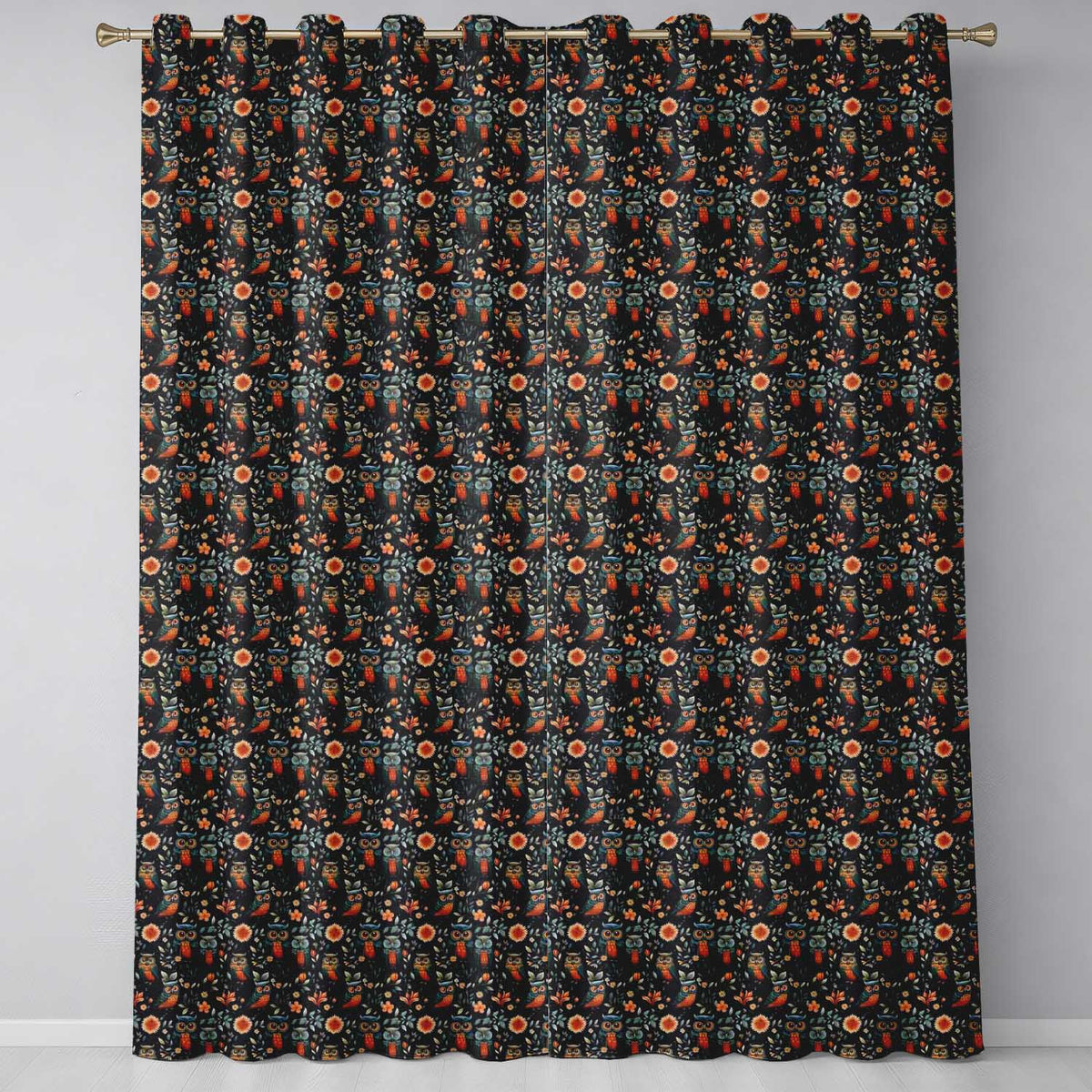 Elegant Owl Birds with Orange Flowers Dark Botanical Seamless Pattern Readymade Eyelet Ring Top Thermal 100% Blackout Curtains