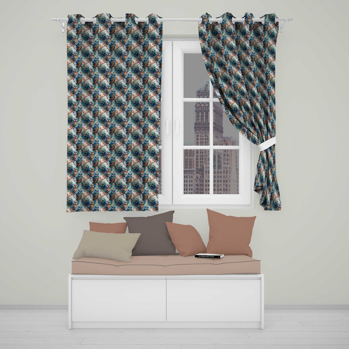 Artistic Owl Bird on Branches with Soft Blue Floral Background Seamless Pattern Readymade Eyelet Ring Top Thermal 100% Blackout Curtains