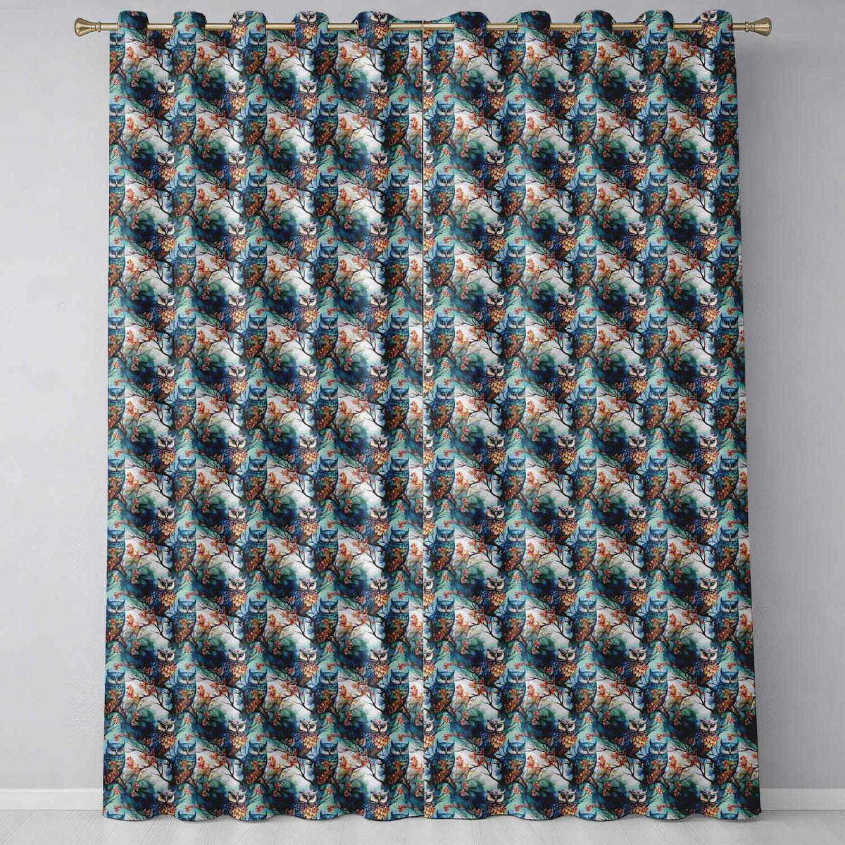 Artistic Owl Bird on Branches with Soft Blue Floral Background Seamless Pattern Readymade Eyelet Ring Top Thermal 100% Blackout Curtains