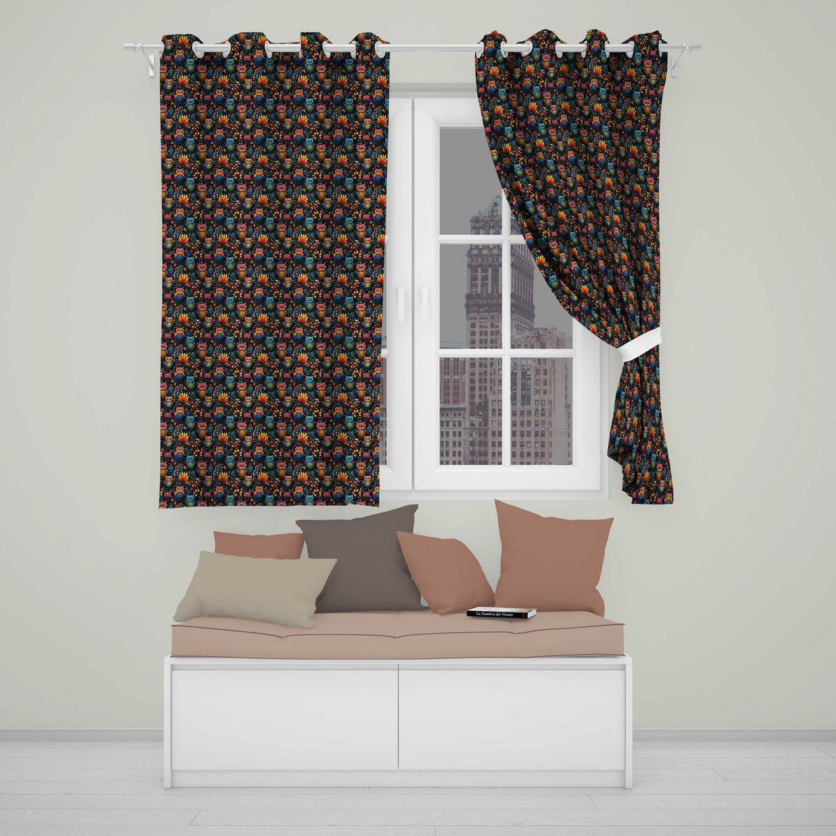 Bright Cute Owl Birds with Colorful Leaves Night Background Seamless Pattern Readymade Eyelet Ring Top Thermal 100% Blackout Curtains