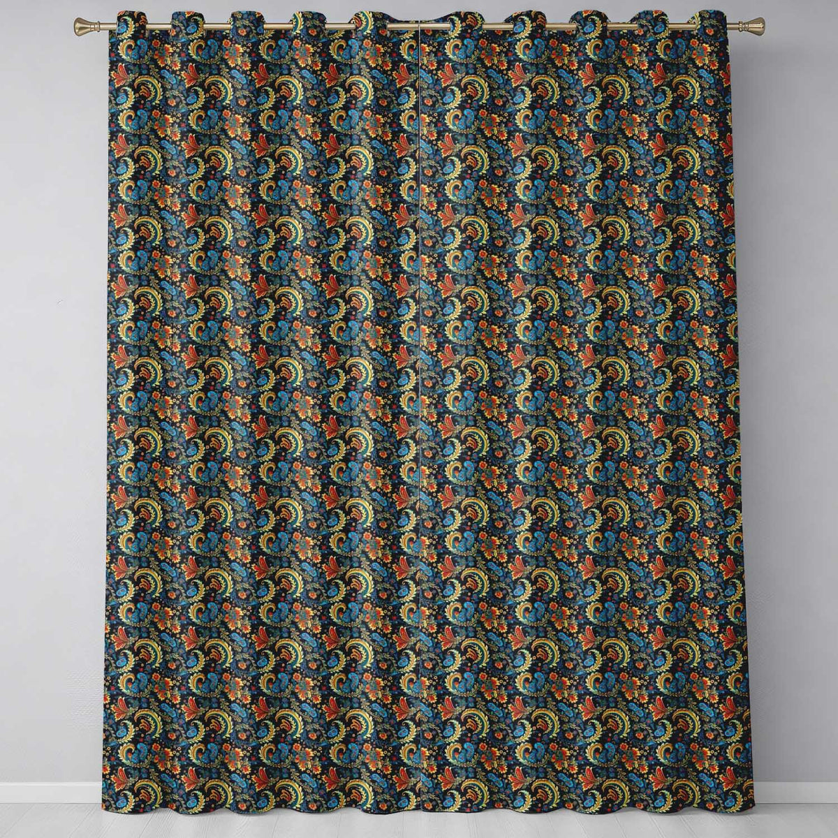 Ornate Paisley Floral Pattern with Navy Background Seamless Readymade Eyelet Ring Top Thermal 100% Blackout Curtains